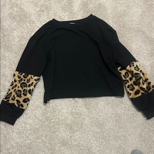 Black Sweater with Leopard Print Sleeve Panels